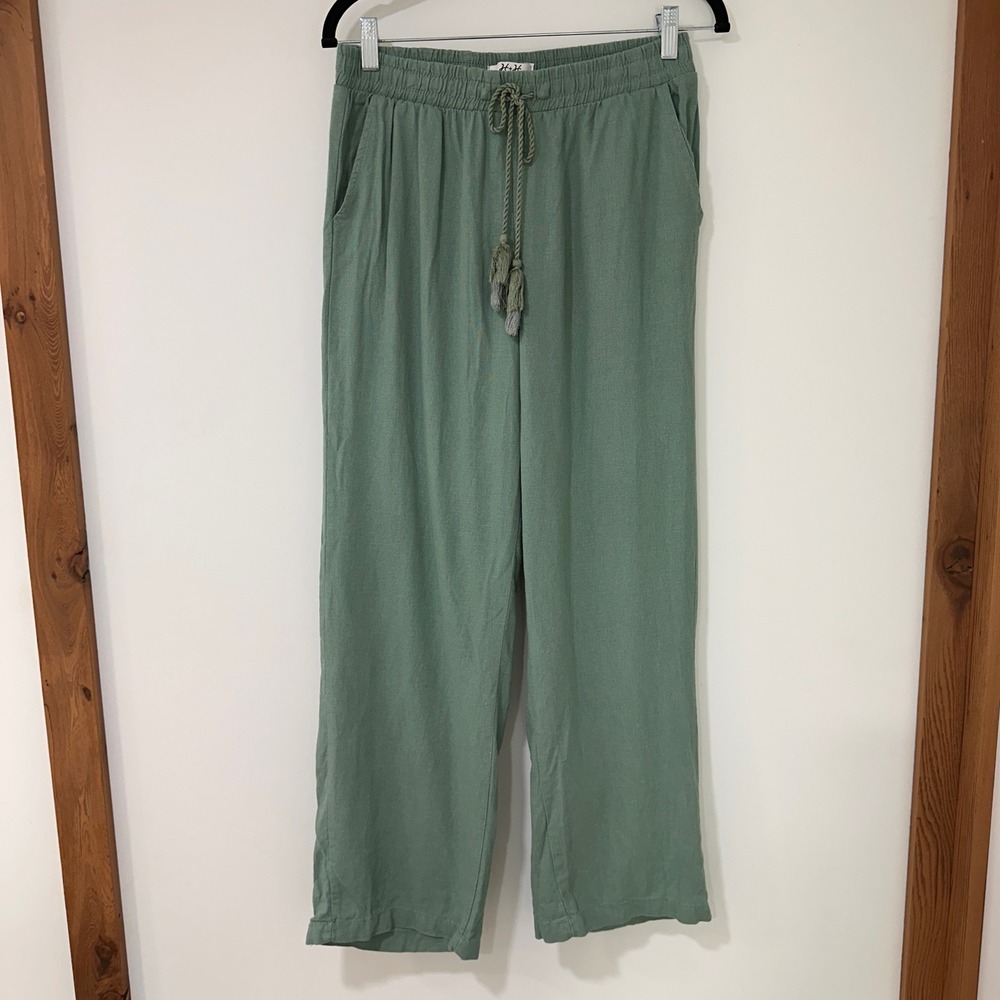 Harmony & Havoc Linen Blend‎ Wide Leg Pants Women Medium Green Tassel | Coastal